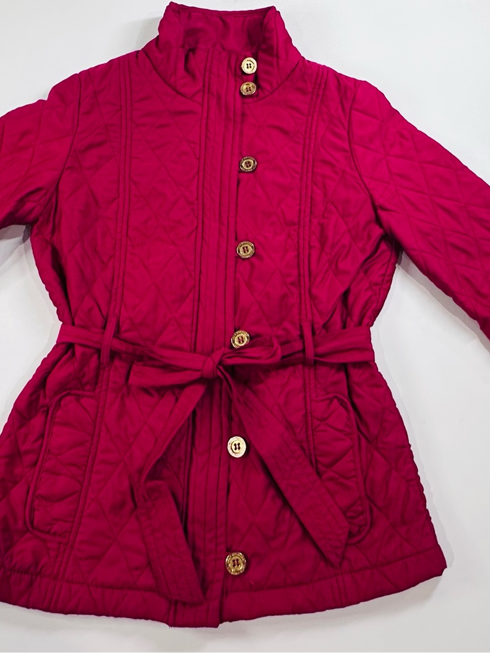 Lilly Pulitzer Hot Pink Quilted Belted Barn Jacket Plaid Cuffs Size 0